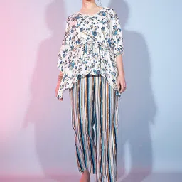 DressBerry Blue Floral Printed Kaftan Top With Palazzos-8