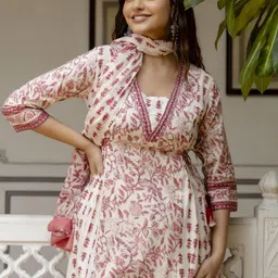 EthniFlair Women Ethnic Motifs Printed Empire Aari Work Pure Cotton Kurta with Patiala & With Dupatta-19