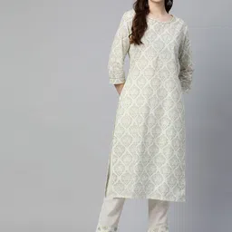 Readiprint Fashions Women Off White Ethnic Motifs Printed Thread Work Pure Cotton Kurta with Trousers-image-53