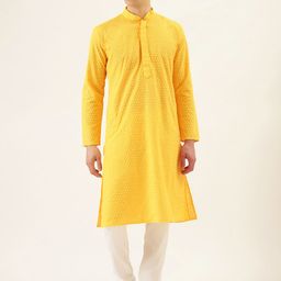 RAJUBHAI HARGOVINDAS Men Yellow & White Chikankari Embroidered Kurta with Churidar-37