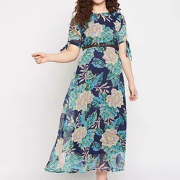 Fashfun Floral Printed Tie-Up Slit Sleeves Belted Fit & Flare Midi Dress-38