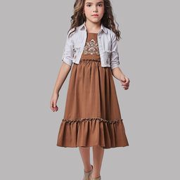 Peppermint Girls Floral Embroidered Cotton Tiered Fit & Flare Midi Dress With Jacket-image-99