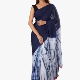 JALTHER Blue & White Tie and Dye Pure Cotton Block Print Saree-16