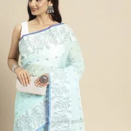 DESH BIDESH Blue & White Ethnic Motifs Pure Cotton Taant Saree-image-21
