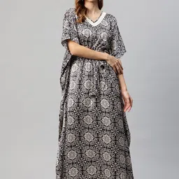 Cottinfab Ethnic Motifs Print Kimono Sleeve Crepe Kaftan Maxi Dress with Tie-Ups Detail-image-28
