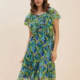 Antheaa Green Floral Print Flutter Sleeve Chiffon Fit & Flare Dress-image-3