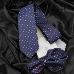 Kovove Navy Blue & White Polka Dot Tie with Pocket Square-45
