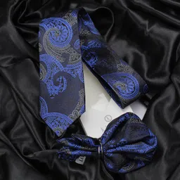 Kovove Navy Blue & Black Tie with Pocket Square-image-32