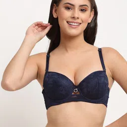 MAKCLAN Navy Blue Floral Plunge Bra Underwired Lightly Padded-image-80