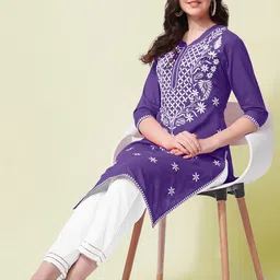 KALINI Ethnic Motifs Embroidered Round Neck Three-Quarter Sleeves Pure Cotton Kurta Set-picture-2