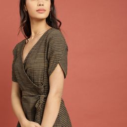 Taavi Mustard Yellow & Black Woven Legacy A-Line Sustainable Pure Cotton Dress with Tie-Ups-image-40