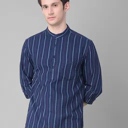 Crimsoune Club Vertical Striped Band Collar Roll Up Sleeves Pure Cotton Casual Shirt-picture-1