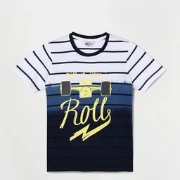 Fame Forever by Lifestyle Boys Navy Blue & White Striped Pure Cotton T-shirt-image-82
