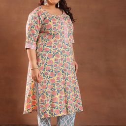 EXTRA LOVE BY LIBAS Plus Size Floral Printed Pure Cotton Kurta With Trouser And Dupatta image 5