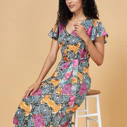 YU by Pantaloons Abstract Printed Flutter Sleeve Tie-up A-Line Midi Dress image 5