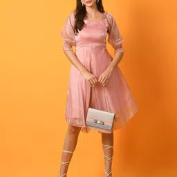KALINI Square Neck Puff Sleeves Silk Fit & Flare Dress-image-44