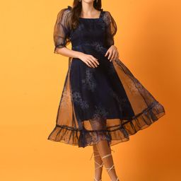 KALINI Floral Print Silk Puff Sleeve Fit & Flare Dress-image-57
