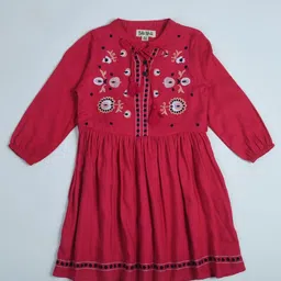 Bella Moda Floral Embroidered Tie Up Neck Three-Quarter Sleeves Fit & Flare Dress-image-40