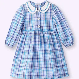 Beebay Girls Checked Peter Pan Collar Puff Sleeves Pleated Cotton Fit & Flare Dress-36