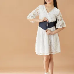 pspeaches Girls V-Neck Self Design Lace Fit & Flare Dress-image-55