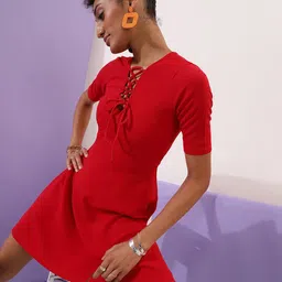Veni Vidi Vici Women Tie-Up Neck Fit & Flare Dress-image-30