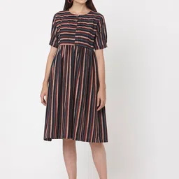 HRITIKA Striped Puffed Sleeves Cotton Fit & Flare Dress-image-12
