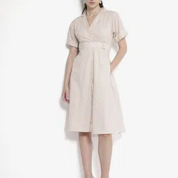 RAREISM Striped Shirt Collar Fit & Flare Dress-image-1