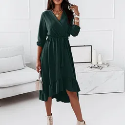 StyleCast Green V-Neck Tie Ups A-Line Dress With Belt-image-80