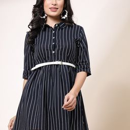 all about you Blue Striped Shirt Collar Belted Fit & Flare Mini Dress-image-23