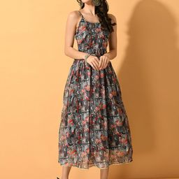Sangria Grey Floral Printed Fit & Flare Dress-image-96