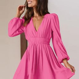 StyleCast Pink V-Neck Puff Sleeve Gathered Fit & Flare Dress-image-45