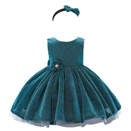 StyleCast Girls Green Self Design Round Neck Bow Fit & Flare Dress-image-19
