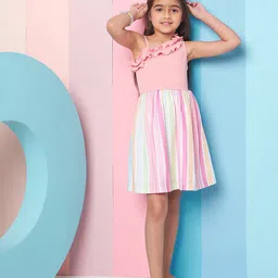 pspeaches Girls Shoulder Straps Sleeveless Striped Woollen Fit & Flare Dress-48