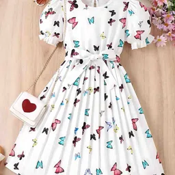 BAESD Girls Conversational Print Round Neck Puff Sleeves Cotton Fit & Flare Dress-picture-22