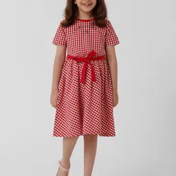 KATE & OSCAR Girls Round Neck Gingham Checked Printed Cotton Fit & Flare Dress With Belt-image-32