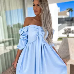 StyleCast x Revolte Blue Off-Shoulder Fit & Flare Dress-picture-17