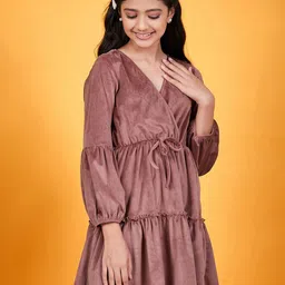 pspeaches Girls V-Neck Tie Up Gathered & Ruffled Velvet Fit & Flare Dress-image-78