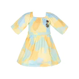 Wish Karo Girls Yellow Abstract Print Puff Sleeve Smocked Satin Fit & Flare Dress-picture-16