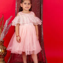 Bella Moda Girls Sequinned Embellished Flared Sleeve Satin Fit & Flare Dress-picture-25