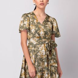 FabAlley Olive Green Floral Printed Flared Sleeves Satin Fit & Flare Mini Dress With Belt-picture-13