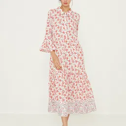 Ancestry Floral Printed Bell Sleeves Tiered  Fit & Flare Midi Dress-image-3