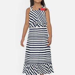 Peppermint Girls Navy Blue & Beige Striped Fit and Flare Dress-image-100