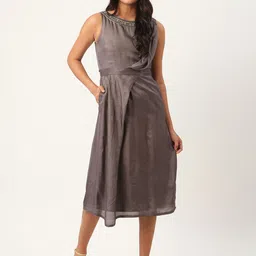 ROOTED Women Grey Solid Fit and Flare Dress-picture-22