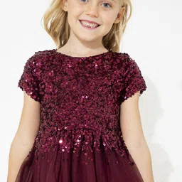 Cherry Crumble Girls Maroon Embellished Fit and Flare Dress-picture-55