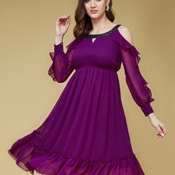 DressBerry Purple Keyhole Neck Cold-Shoulder Sleeves A-Line Dress-image-6