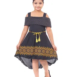 BAESD Girls Ethnic Motifs Printed Square Neck Cold-Shoulder Belted Fit & Flare Dress-image-42