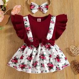 BAESD Girls Floral Printed Flutter Sleeves Gathered Detailed Fit & Flare Dress-image-96