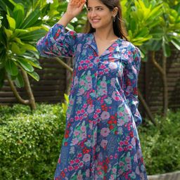 Ambraee Floral Printed Shirt Collar Puff Sleeves Cotton Shirt Style Dress-image-2