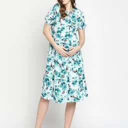 MeeMee Floral Printed Peter Pan Collar Cotton Maternity Fit & Flare Dress-image-8