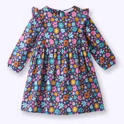 Beebay Girls Floral Printed Round Neck Long Sleeve Gathered Cotton Fit & Flare Dress-image-16